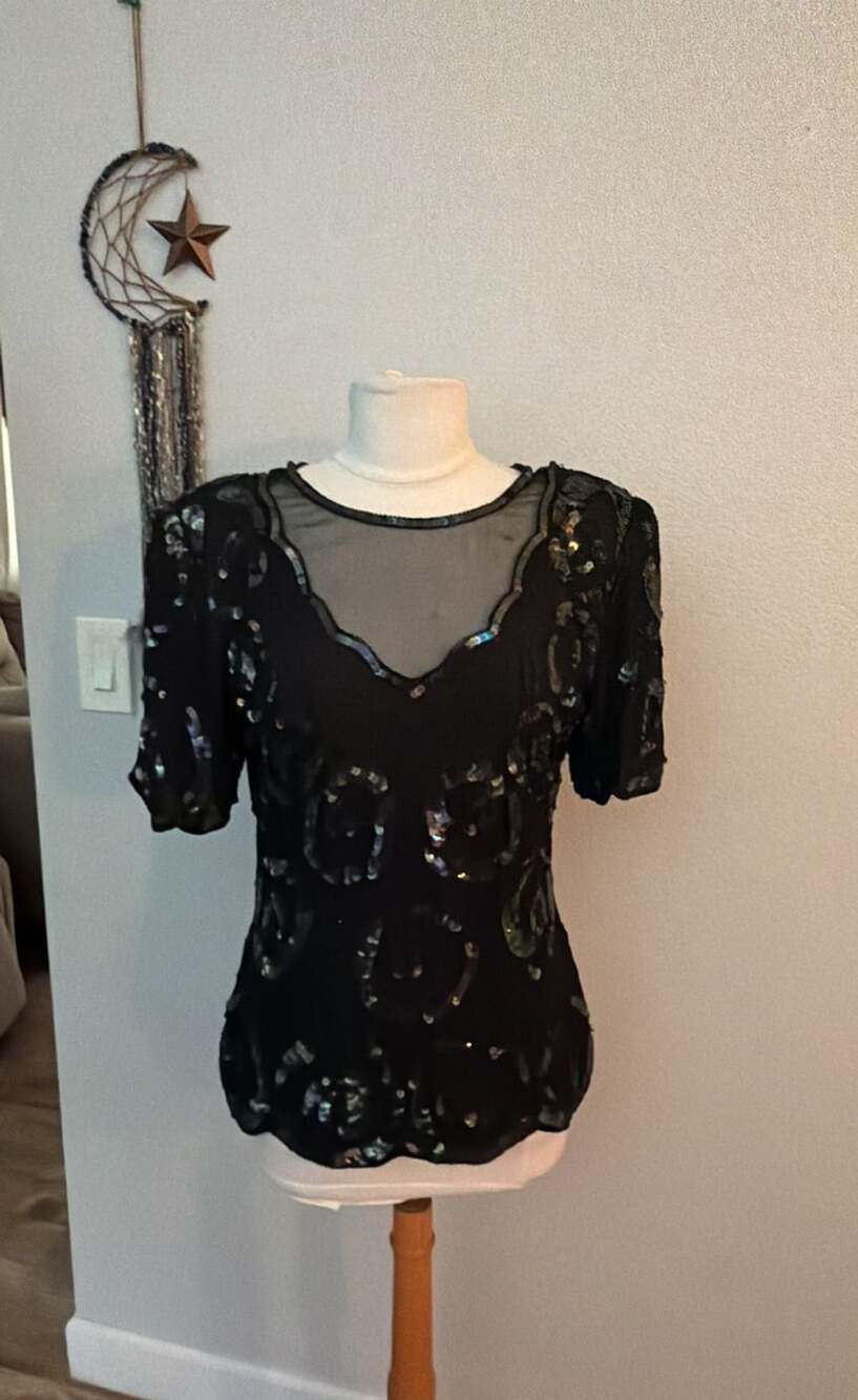 Laurence Kazar Beaded Sequin Top Size S Black Silk